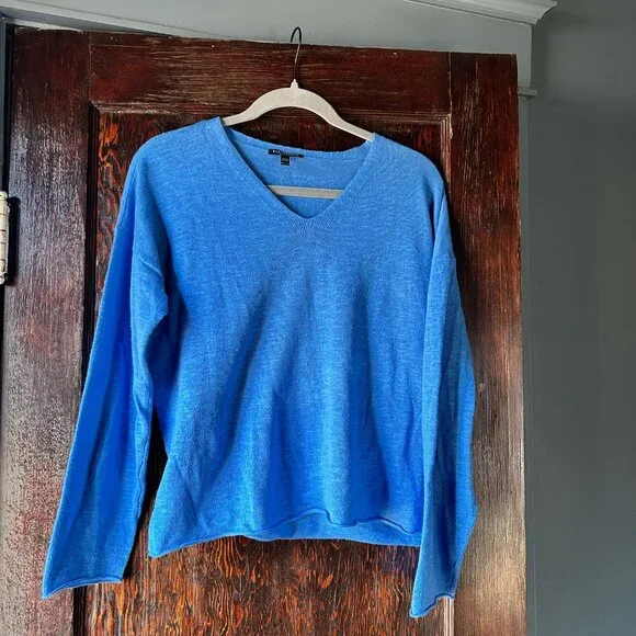Eileen Fisher Coastal Blue Linen Cotton V-Neck Oversized Loose Knit Sweater - Picture 7 of 7